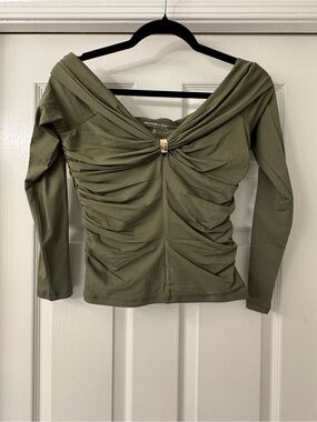 Abercrombie & Fitch Olive Green Off-Shoulder Ruched Long Sleeve Top